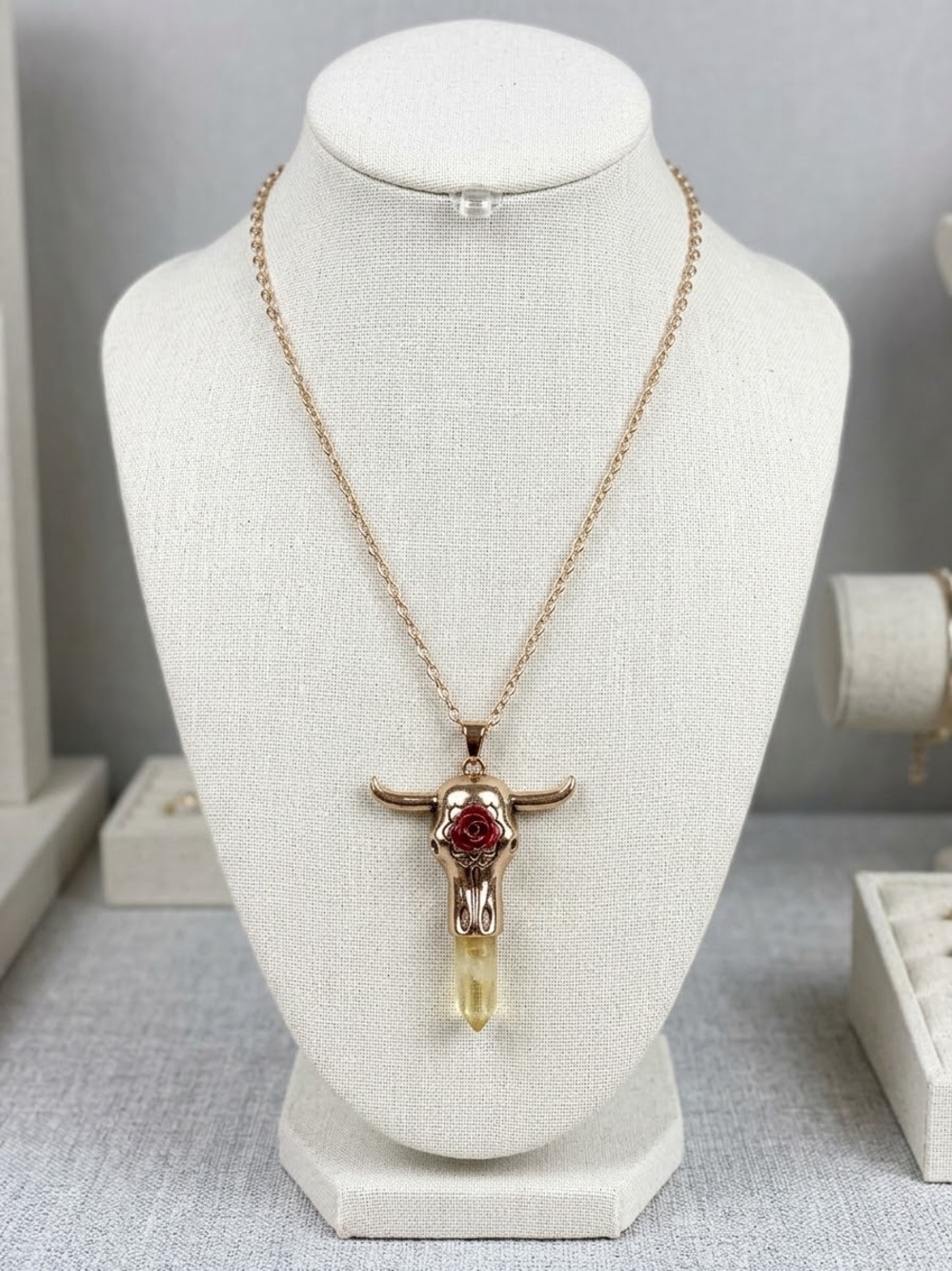 Gold Bull Skull Pendant Necklace with Red Rose Detail